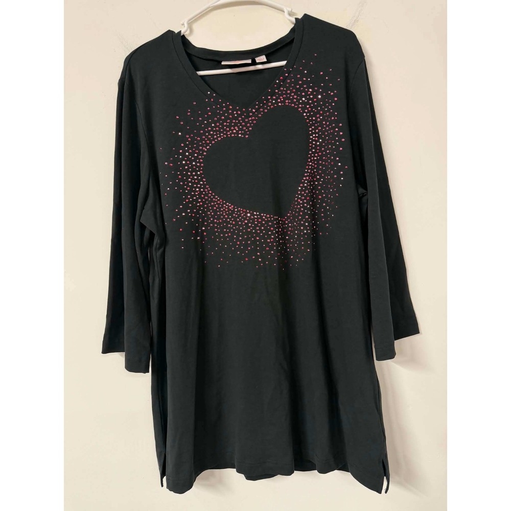 Quacker Factory Womens L Black Tunic Top Rhinestone Heart V-Neck 3/4 Sleeve